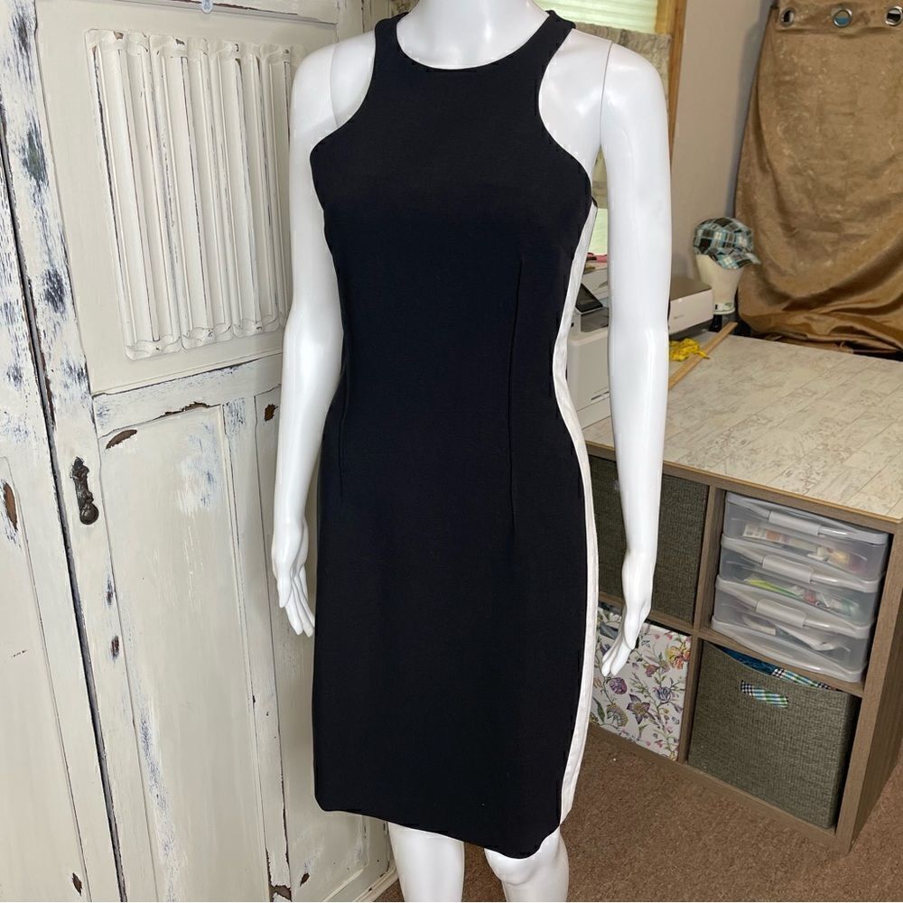 Greedilous Black White Contrasting Tuxedo Block Ruffle Sheath Dress